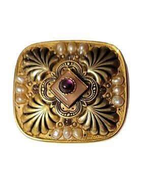 Michal Golan Gold Tone Faux Pearl Purple Cab Square Embellished Pin Pendant M38